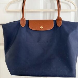Longchamp Dark Blue Tote with Tan Leather Accents